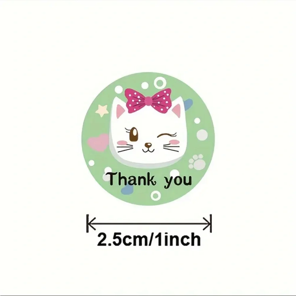 Roll of 500 Cute White Kitty Cat Round Thank You Stickers